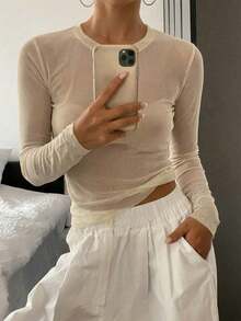 Blusa de manga larga de cuello redondo, ajuste delgado, con estampado de lunares, ropa de otoño para mujer - Albaricoque - Ver 1