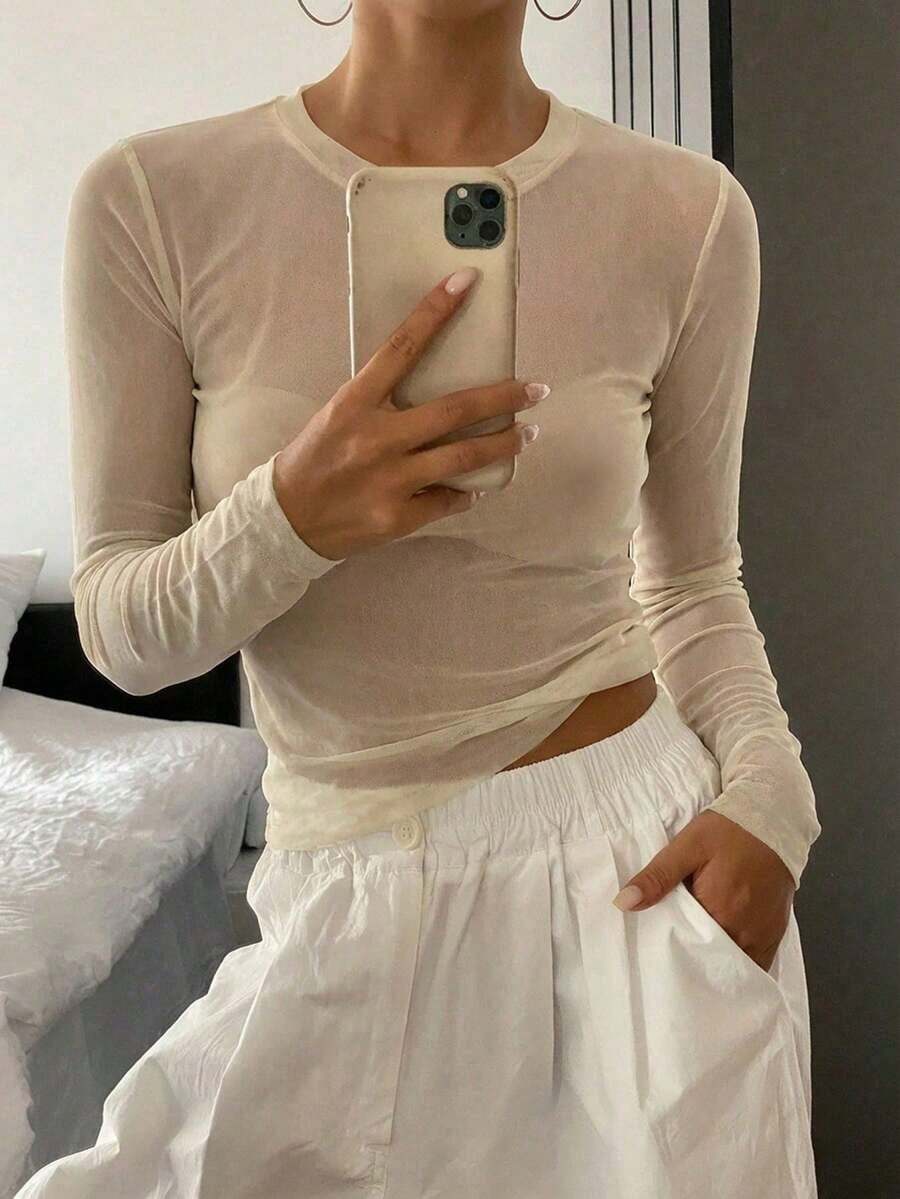Blusa de manga larga de cuello redondo, ajuste delgado, con estampado de lunares, ropa de otoño para mujer - Albaricoque - Ver 1