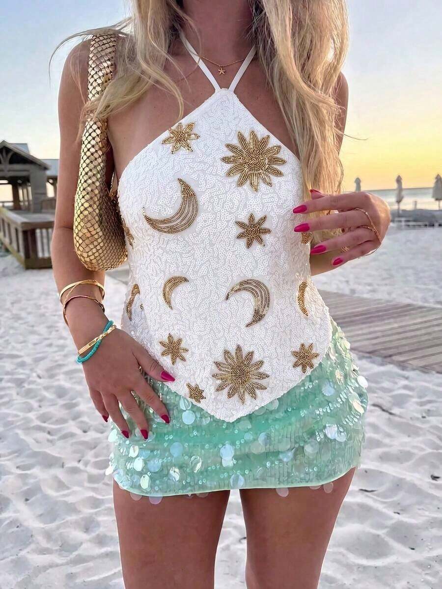Top halter con espalda descubierta y lentejuelas sexy para mujer, atuendos de verano, ropa de verano, atuendos de playa para mujer, atuendos de vacaciones, atuendos bohemios tropicales de vacaciones para mujer, atuendos de concierto, atuendos de ra - Blanco 2 - Ver 1