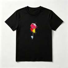 Camiseta Negra Algodón Estampado Gato con Globos de Pintura - Diseño Colorido Creativo - Negro - Ver 1