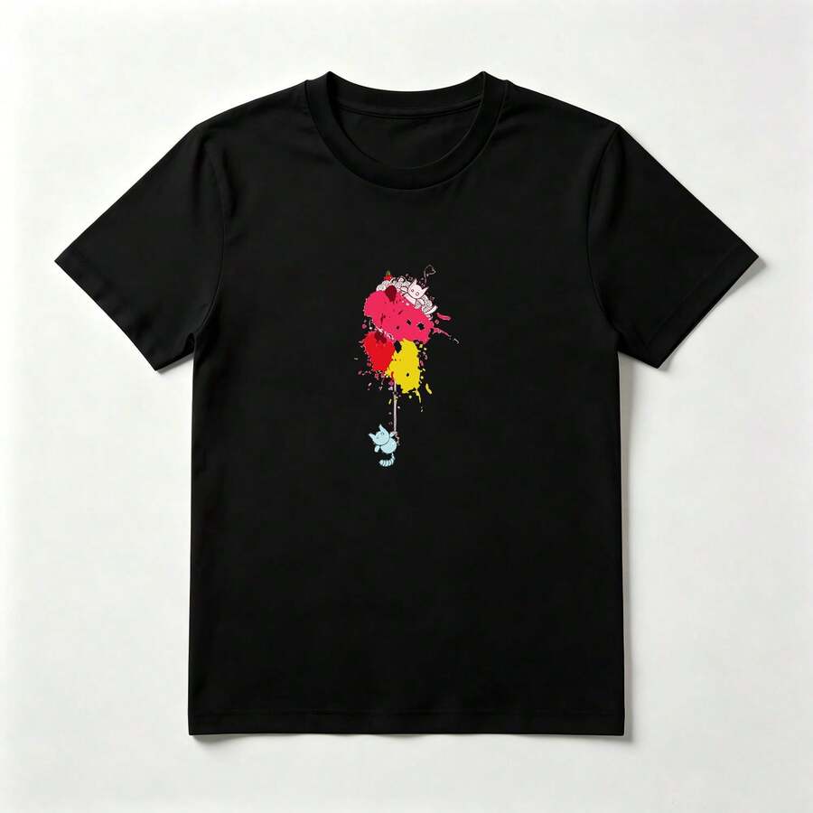 Camiseta Negra Algodón Estampado Gato con Globos de Pintura - Diseño Colorido Creativo - Negro - Ver 1