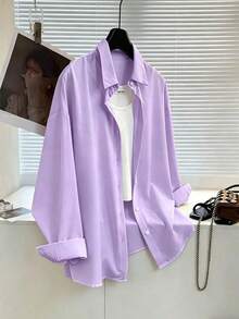 Camisa casual de manga larga, de un solo pecho, de unicolor y holgada para mujer - Púrpura malva - Ver 1