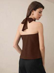 Top con cuello de halter, diseño de botón de metal verde, abertura lateral, elegante y chic para uso urbano y diario, estilo romántico retro de los 90.Adecuado para Navidad, Año Nuevo, San Valentín, fiestas, playa, graduación, moda, carnaval, bod - Marrón 2 - Ver 2