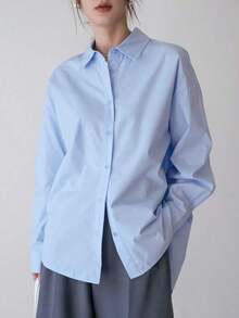 -Less Camisa de mujer de manga larga de un solo pecho, de unicolor, de hombros caídos, para uso casual y de negocios - Celeste - Ver 2