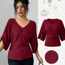 Women's Coffee Brown Textured Fabric V-Neck Loose Waist Ruched Design Elegant Classy Birthday Gift Date Party Teacher's Day Independence Day Double 11 Shopping Festival Back To School Single's Party Holiday Christmas Eve Thanksgiving Halloween Christmas Carnival Diwali New Year Travel Vacation Streetwear - Burdeos - Ver 1
