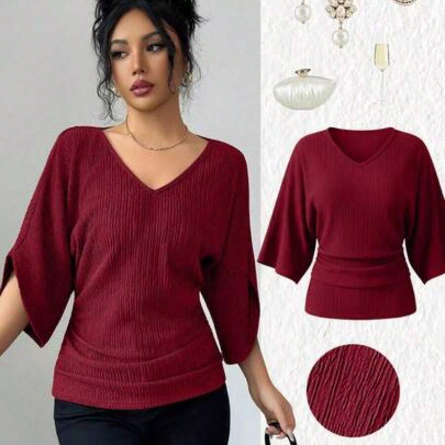 Women's Coffee Brown Textured Fabric V-Neck Loose Waist Ruched Design Elegant Classy Birthday Gift Date Party Teacher's Day Independence Day Double 11 Shopping Festival Back To School Single's Party Holiday Christmas Eve Thanksgiving Halloween Christmas Carnival Diwali New Year Travel Vacation Streetwear - Burdeos - Ver 1