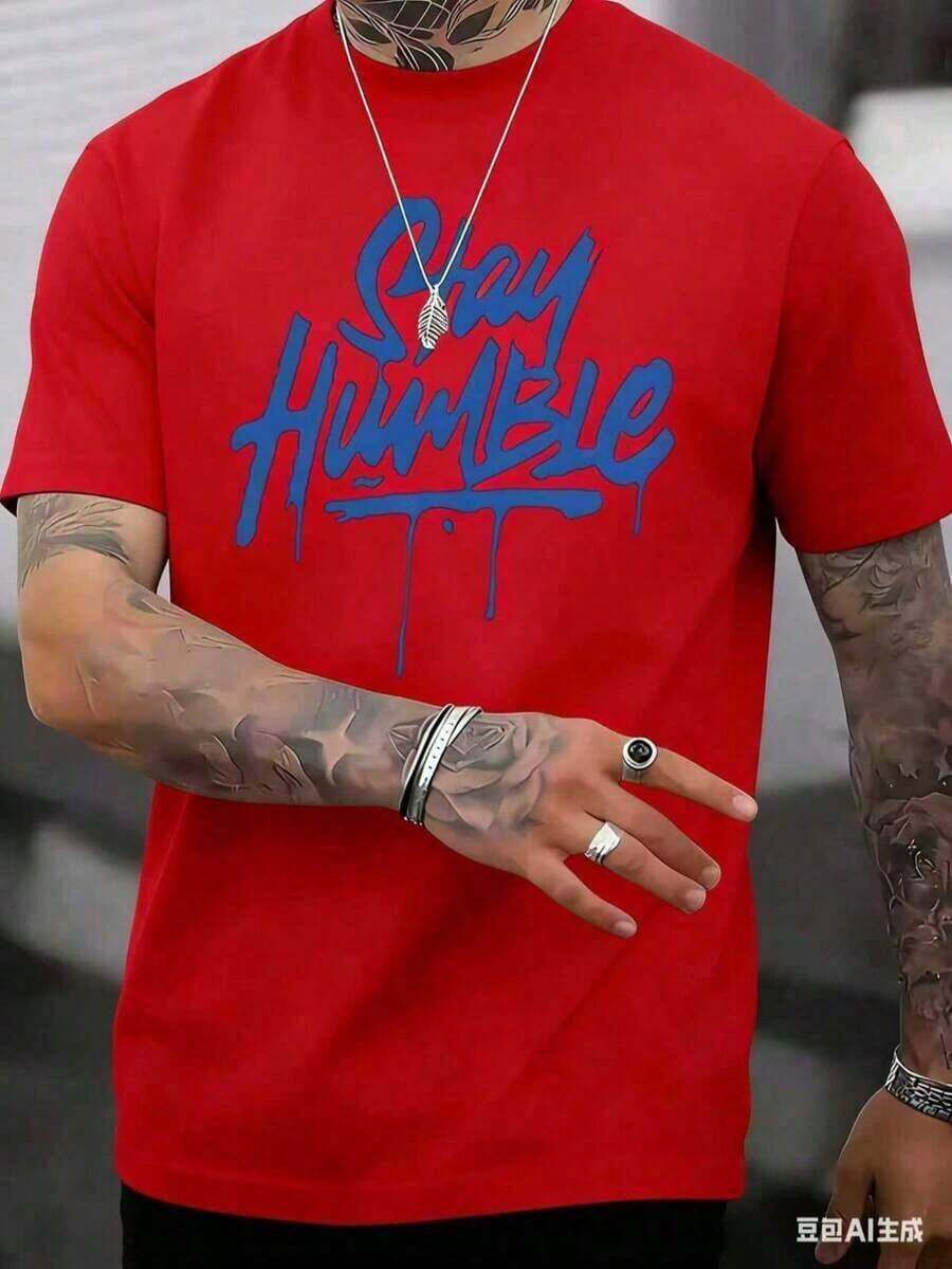 "Stay Humble" Blue Letter Pattern T-Shirt, Cotton T-Shirt, 220g Cotton, Comfortable, For Running Errands, Lounging Or Outdoor Fun, 100% Comfortable Cotton - 紅色的 - 查看 1