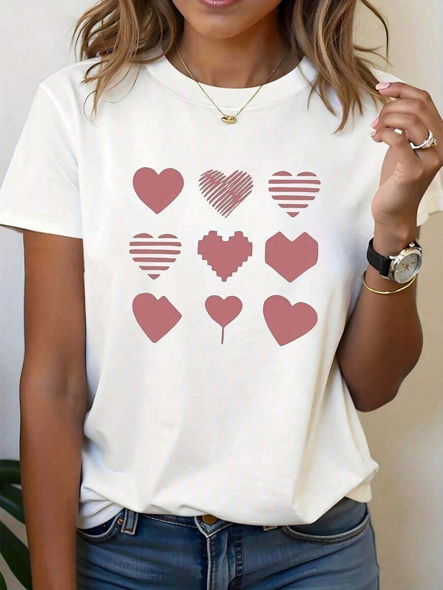 Women's T-Shirt With White Heart Print - Casual Short Sleeve Crew Neck Top, Soft And Stretchy, With Red And White Heart Patterns, Machine Washable, For Everyday Wear And Parties In All Seasons, Ladies' T-Shirts - 白色 - 查看 1