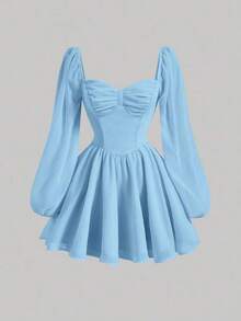 MOD Vestido escote corazón de manga farol pecho con fruncido - Celeste - Ver 1