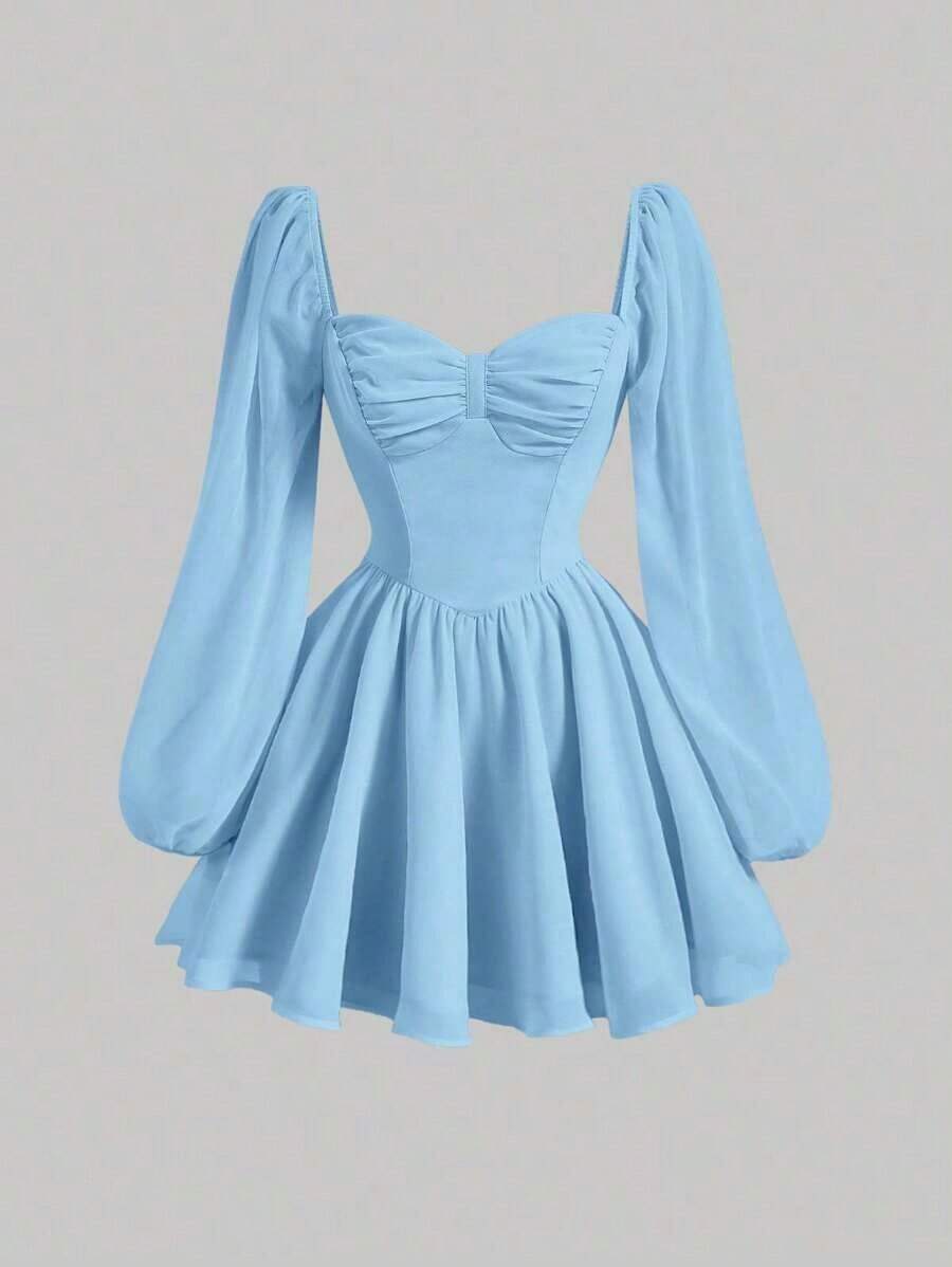 MOD Vestido escote corazón de manga farol pecho con fruncido - Celeste - Ver 1