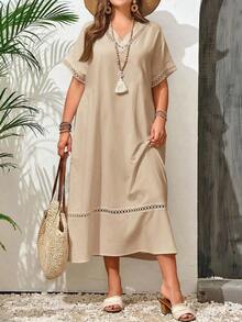 Vestido casual holgado de unicolor con cuello en V y mangas cortas para mujer de talla grande - Albaricoque - Ver 7