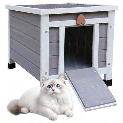 Casa para gatos exterior, resistente a la intemperie, pequeña casa de madera para mascotas y hábitats gris