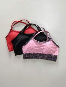 Set Of 3 Cropped Gym Tops With X-Shaped Straps, No Transparency, Removable Padding, Black With Red And Pink Tie-Dye Gradient Print - Black + Red Gradient + Pink Gradient - View 1