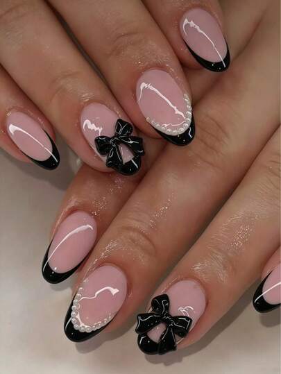 24pcs Oval Nail Stickers Set, French Design With Bow & Pearl Decor, Full Coverage, Removable & Durable. Includes 1 Adhesive Sticker Sheet And 1 Mini Nail File, Perfect For Casual Outfits, Ideal For Nail Art