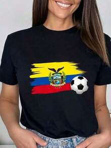 Mujer Camiseta de manga corta con estampado térmico de bandera y balón de fútbol en tonos amarillo, azul y rojo, diseño de emblema nacional y balón, tema fútbol - Negro - Ver 1