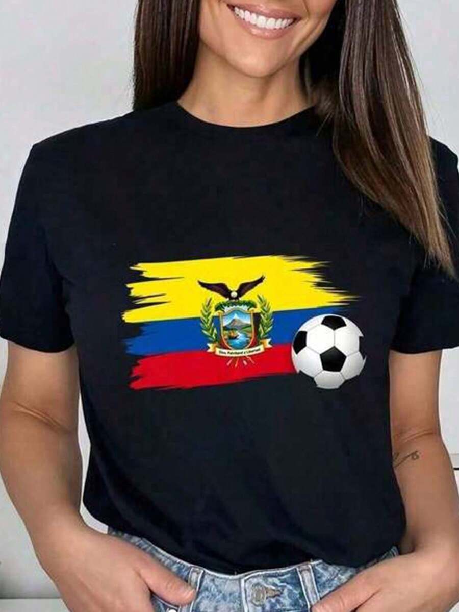 Mujer Camiseta de manga corta con estampado térmico de bandera y balón de fútbol en tonos amarillo, azul y rojo, diseño de emblema nacional y balón, tema fútbol - Negro - Ver 1