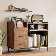 Record Player Stand With Storage Drawers, Vinyl Record Storage Cabinet For Albums & Media Players, Wooden Turntable Organizer With Open Shelves For Living Room/Study/Corridor, Assembly Required - Brown - View 4