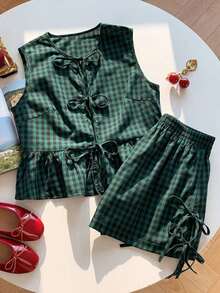 Set de 2 piezas de ropa de mujer con top tipo camiseta con cordones y shorts a cuadros, ideal para el Día de San Valentín - Multicolor - Ver 1