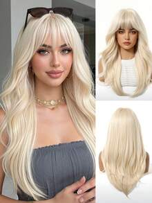 Brown To Gold Gradient Natural Hair Color Long Wavy Wig For Women With Dark Roots, Heat-Resistant Synthetic Fiber Wig Suitable For Cosplay - Gold - View 2