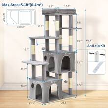 Árbol para gatos resistente de 61" y varios niveles para gatos grandes de interior y Maine Coons – Plataforma extra grande, 2 condominios espaciosos, postes rascadores de sisal natural, juguetes, centro de actividades moderno y robusto para gatos, verde/beige. - Gris claro - Ver 8