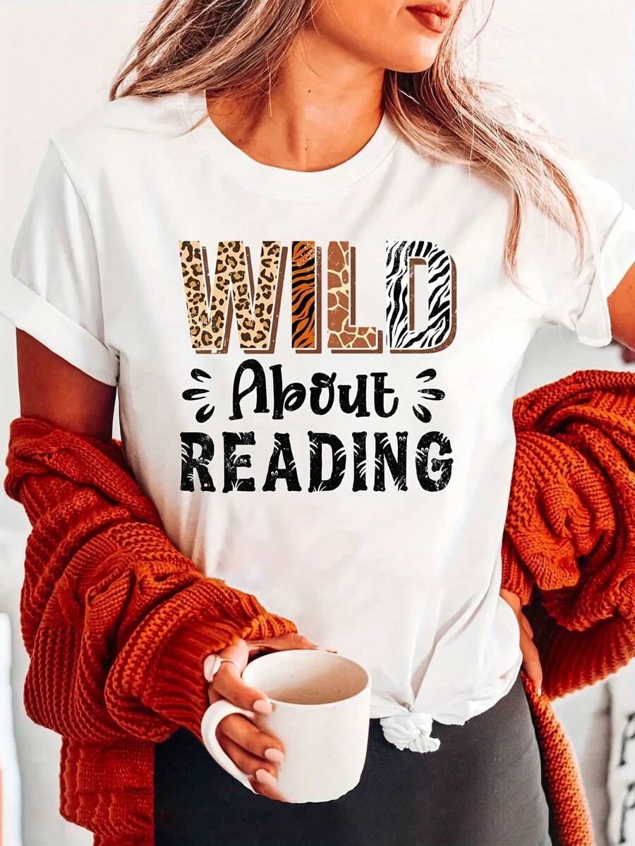 Soft Fabric T-Shirt: 1 Piece Of Women's T-Shirt, Printed With The Phrase "Crazy About Reading", Casual Short-Sleeved Top With Round Neck, Slightly Stretchy, Knitted Fabric, Fashionable For All Seasons, Suitable For Book Lovers. Fashionable T-Shirt. - 白色 - 查看 1