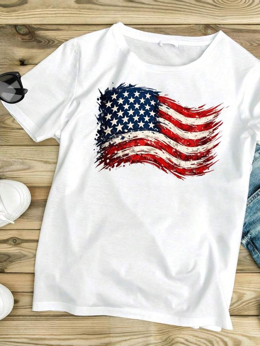 Camiseta con la bandera estadounidense desaliñada y olas de EE. UU. 220 g, unisex, de algodón puro. Peso ideal para todas las estaciones, apta para hombres y mujeres. Tejido duradero de alta calidad, suave al tacto y de larga duración. Transpirable. Ideal para primavera y verano, vacaciones, Día de la Madre y Día de la Independencia. - Blanco - Ver 1