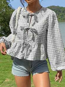 Blusa de cuello redondo de estilo vaquero, hippie y vintage para mujer, nueva llegada del verano 2025 - Gris - Ver 6