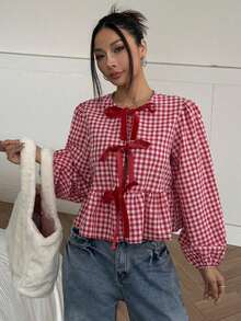 Blusa de cuello redondo de estilo vaquero, hippie y vintage para mujer, nueva llegada del verano 2025 - Rojo y blanco - Ver 5