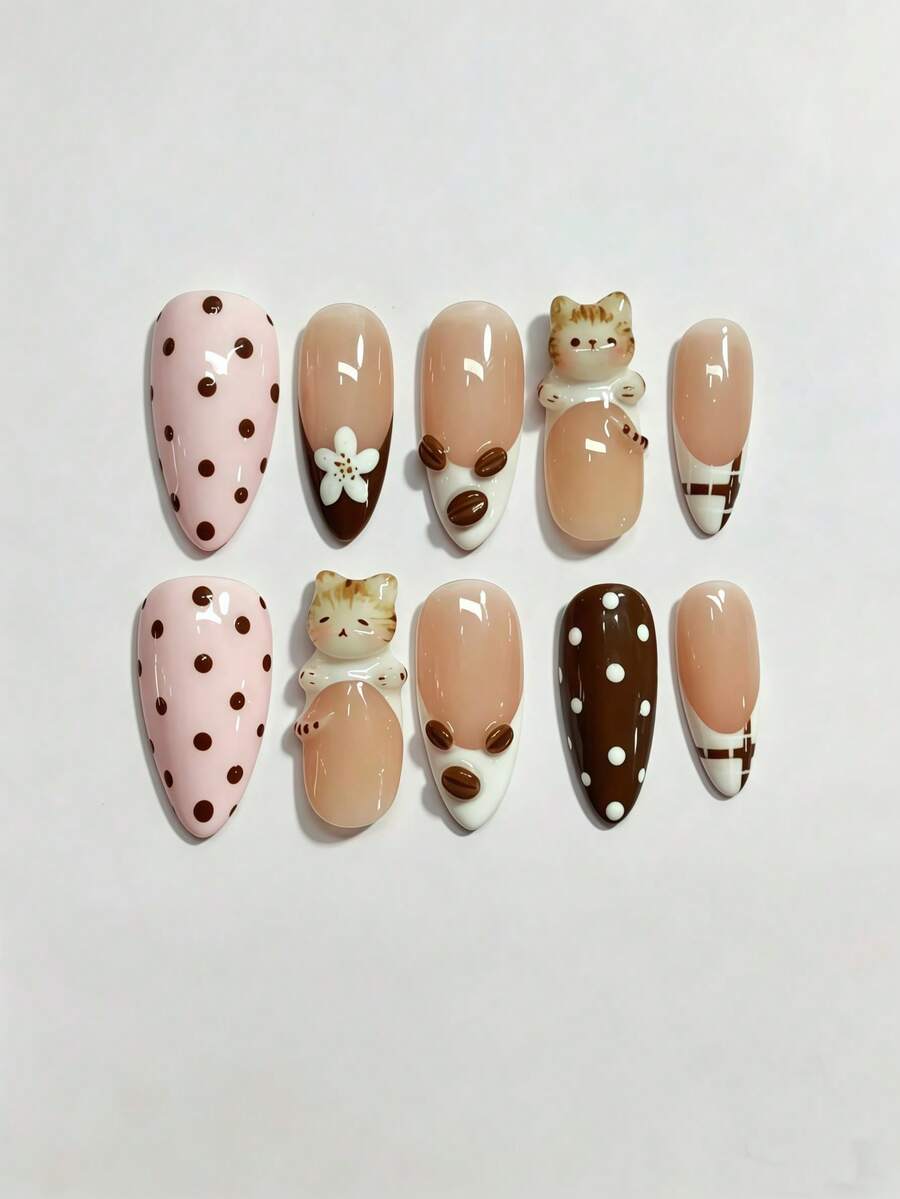 10 miếng dán móng tay hình mèo 3D và hạt cà phê, móng giả gel thủ công dễ thương, hình hạnh nhân cỡ vừa, kèm keo dán, quà tặng ngày Valentine. - Nhiều màu - Xem 1