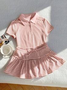 Conjunto de 2 piezas de camiseta de manga corta a rayas y minifalda de moda casual para mujer, primavera/verano 2026.Ropa de mujer de verano, conjunto de playa para el Día de San Valentín, estilo Y2K en color rosa claro - Rosa Pálido - Ver 6