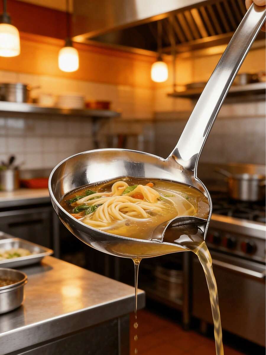 1 buah Sendok Pemisah Minyak Stainless Steel - Sendok Penyaring Lemak, Cocok untuk Sup dan Kuah, Alat Penyaring Lemak untuk Hot Pot, Dengan Gagang Panjang dan Corong Tuang, Mudah Menuang, Struktur Kokoh, Cocok untuk Penggunaan di Dapur, Aksesori Dapur