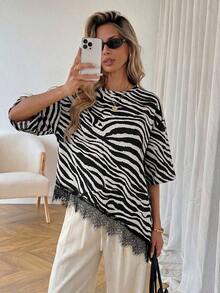 Camiseta casual de mujer con dobladillo asimétrico de encaje de unicolor, uso básico diario, blusa casual de primavera/verano para vacaciones de mujer, vacaciones de verano para mujer, primavera para mujer, vacaciones de primavera, top para ir - Caqui - Ver 3
