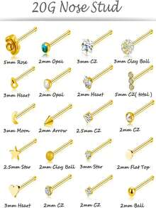 20 Pcs Fashion Gold Plated Stainless Steel Rose Heart Star Moon Nose Stud Set For Women Piercing Accessory - Straight - View 3