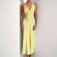 Nueva Llegada Vestido Largo Cuello V Plisado Ajustado Elegante Sensual - Amarillo - Ver 7