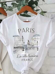 Camiseta Casual de Manga Corta con Cuello Redondo y Estampado de Letras de París - Ropa de Mujer - Blanco - Ver 1