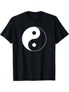 Miftees Yin-Yang Design T-Shirt - Classic Unisex Adult Style, Black Short Sleeve Crew Neck Cotton T-Shirt, Yoga Design, Comfortable For All Seasons, Urban Style Cotton Short Sleeve Crew Neck T-Shirt, Parisian Style Men's T-Shirt, Loose And Comfortable. - Black - View 6