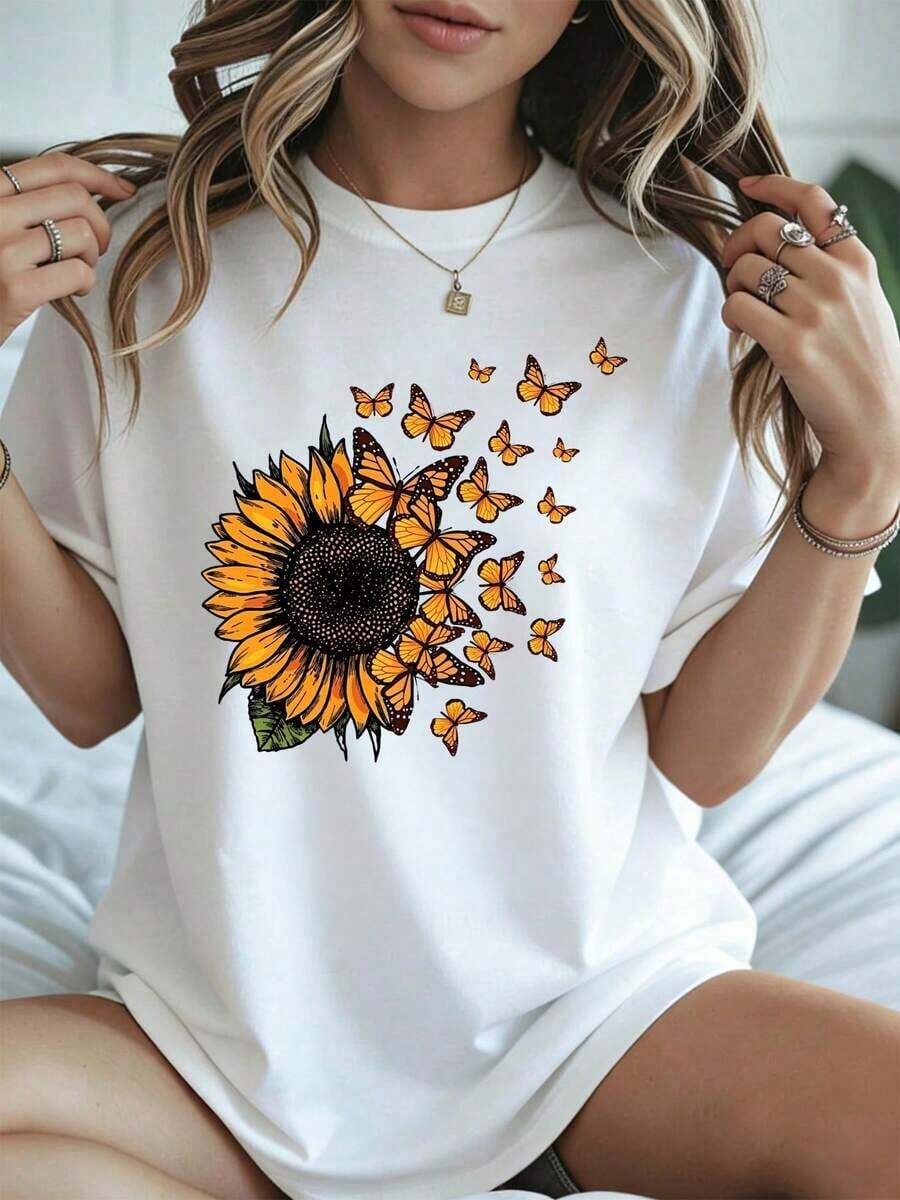 Camiseta con Estampado de Mariposas y Girasoles, Ropa Casual de Verano, Blusa Blanca de Moda para Mujer, para Primavera y Verano, Uso Diario y al Aire Libre - Blanco - Ver 1