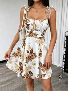 Vestido mini con tirantes de espagueti y estampado floral ditsy con lazo - Multicolor 4 - Ver 4