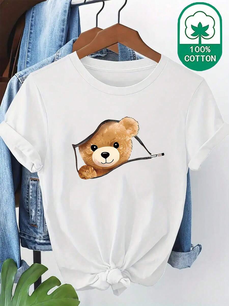 Women's 100% Pure Cotton T-Shirt, Printed With A Cartoon Bear Design, Short Sleeve T-Shirt With Round Neck, Summer Clothes For Daily Comfort And Breathability, Summer Clothes For Women. - 白色 - 查看 1