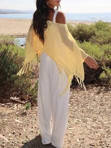 Women's Casual Beach And Sandal Resort Sexy Style Simple Solid Color Openwork Fabric Shoulder-Sleeved Bottom Fringed Versatile Blouse Vacation Summer - Yellow - View 5