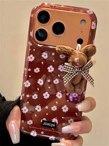 Stylish A Charming Floral Design Featuring 3D Cute Cartoon Bows And Rabbits Phone Case Compatible With IPhone 17 ProMax 17Pro 17 16 ProMax 15 14 13 12 Pro Max Lens Protection Back Cover - Brown - View 24