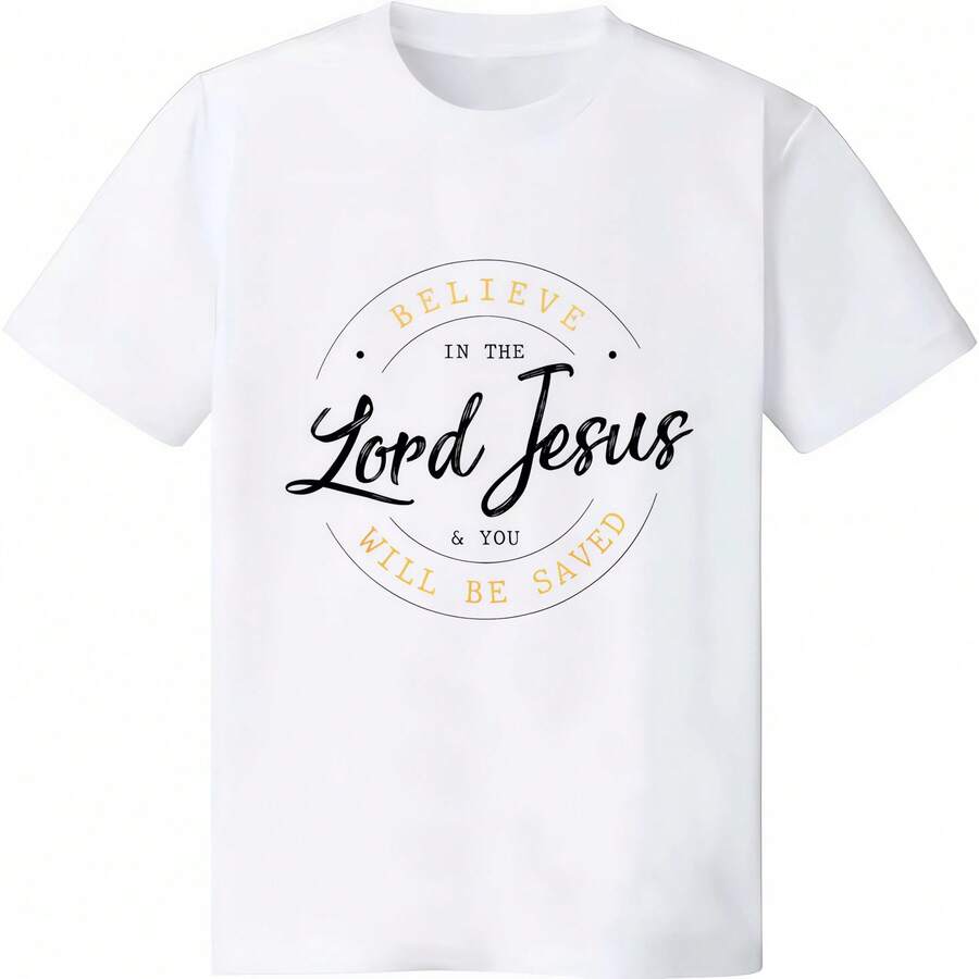 Oversized Cotton T-Shirt Believe In The Lord Jesus And Your Saved - Unisex Christian Print T-Shirt For Men And Women - White - View 1