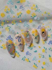 3D Embossed Nail Art Stickers With Gentle Fresh Style, Featuring Yellow Rose And Blue Bow Decor, Healing Atmosphere, Suitable For Commuting, Soft Chic Outfits, Gentle Manicure, Dating Occasions, Ideal For Gentle Enthusiasts, Students, Moms, Nail Art DIY Beginners, And Soft Girl - Multicolor - View 4