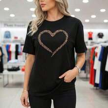Women's Lightweight Cotton T-Shirt With Leopard Heart Print, Short Sleeve, Casual Loose Fit, Crew Neck, Basic Summer Graphic T-Shirt For Everyday Wear, 100% Cotton - Vintage Street Style Unisex Cotton Short Sleeve Crew Neck T-Shirt - 黑色 - 查看 6