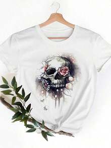 Nueva Colección 2026: Camiseta de Algodón para Mujer, Tejido de Punto Casual, Cuello Redondo, Manga Corta, Estampado de Calaveras y Flores, Diseño de Hombros Caídos, Algodón Ligero - Blanco - Ver 2