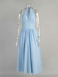 Vestido largo algodón cuello V con lazos, cintura marcada estilo moda primavera verano - Azul - Ver 3