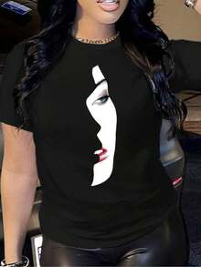 Women's Short Sleeve T-Shirt Mexico Casual Versatile Comfortable And Elegant Short Sleeve Shirt For Women In Black With A Stunning Design Of A Female Face, Including Blue Eyes And Red Lips Leisure - 黑色 - 查看 6