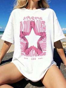 Women's Retro Y2K Star Graffiti Print T-Shirt, Pink, Urban Style, Oversized Tee, Aesthetic Summer Beach Top, Casual Vacation Wear, Gift For Her, Flash , Lightning , Local Shipping, National Shipping. Pretty Blouses, 100% Cotton - 白色 - 查看 3