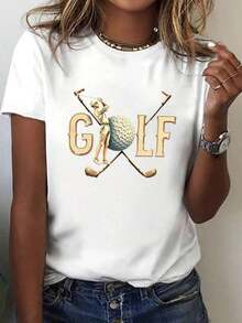 Camiseta Minimalista Casual Esencial para Mujer con Estampado de Golf - Manga Corta, Cuello Redondo, Estampado de Silueta de Golfista y Letras "GOLF" en Negras, Hecha de Material de Baja Elasticidad, Adecuada para Primavera y Verano, Ropa de Golf para Mujer, Corte Holgado, Material No Transparente, Moda de Primavera, Camiseta de Algodón Suave para Uso Diario de Mujer, Camiseta Simple de Color Sólido para Mujer, Corte Holgado y Ajustado, Manga Corta Casual. - Blanco - Ver 1