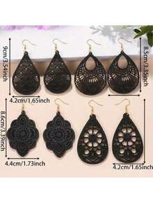 4 pares/set de pendientes colgantes con patrón floral tallado vintage, elegante joyería de estilo retro de madera, un regalo pensado para mujeres - Negro - Ver 6